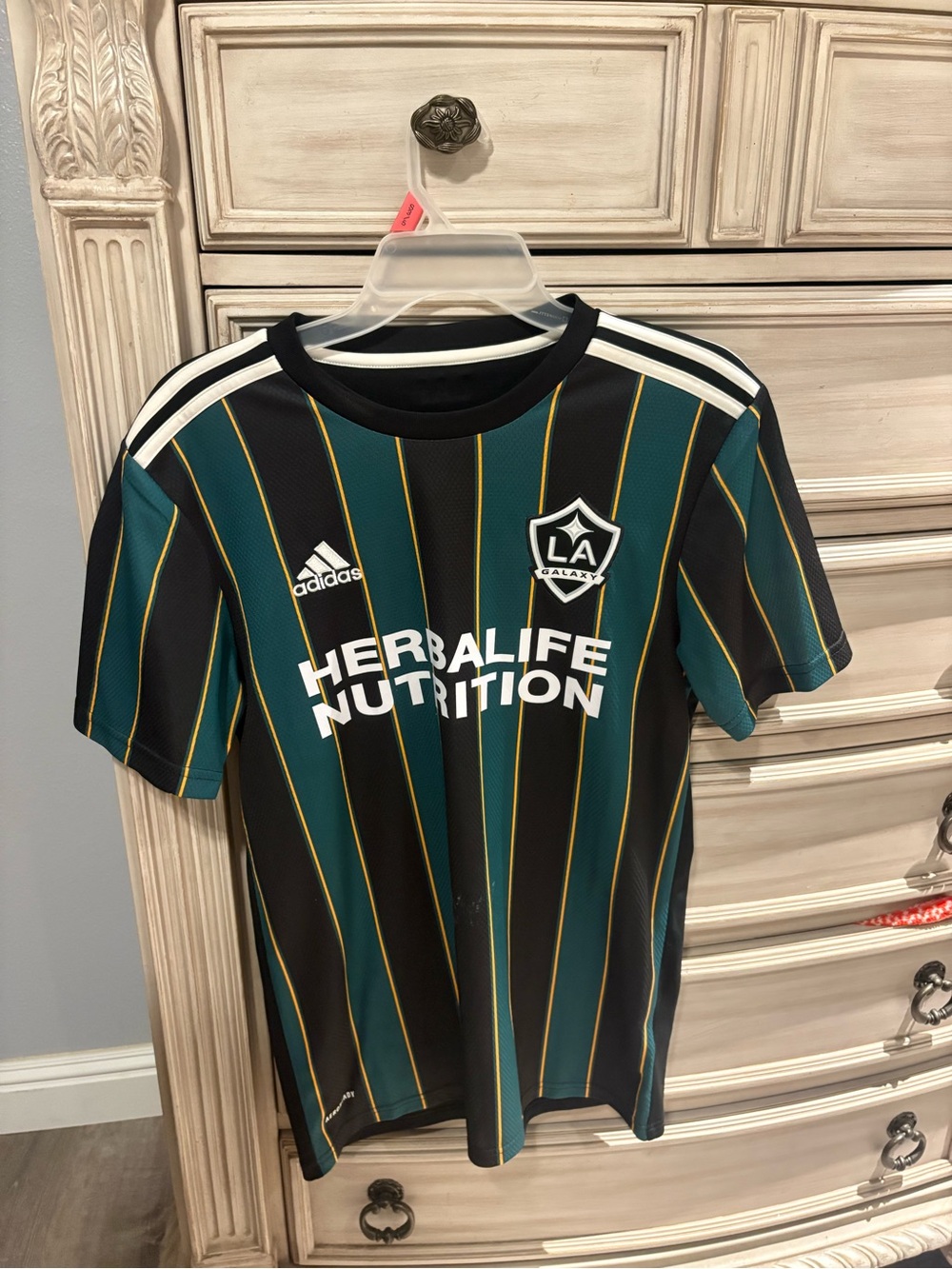 ADIDAS LA Galaxy Black Teal Pinstripe Soccer Jersey